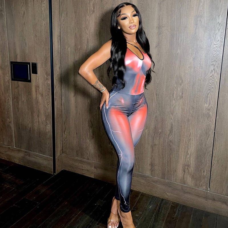 Printed Diagonal Neck Sleeveless Cutout Skinny Stretch Hip Lift Sports Sling Jumpsuit