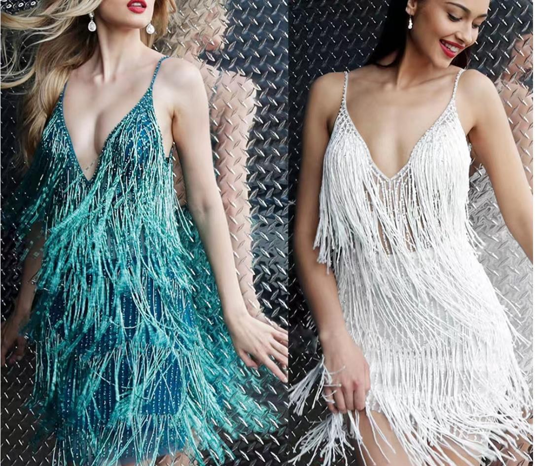 Low-cut V-neck Suspender Fringe Dress Fashion Fringe Skirt