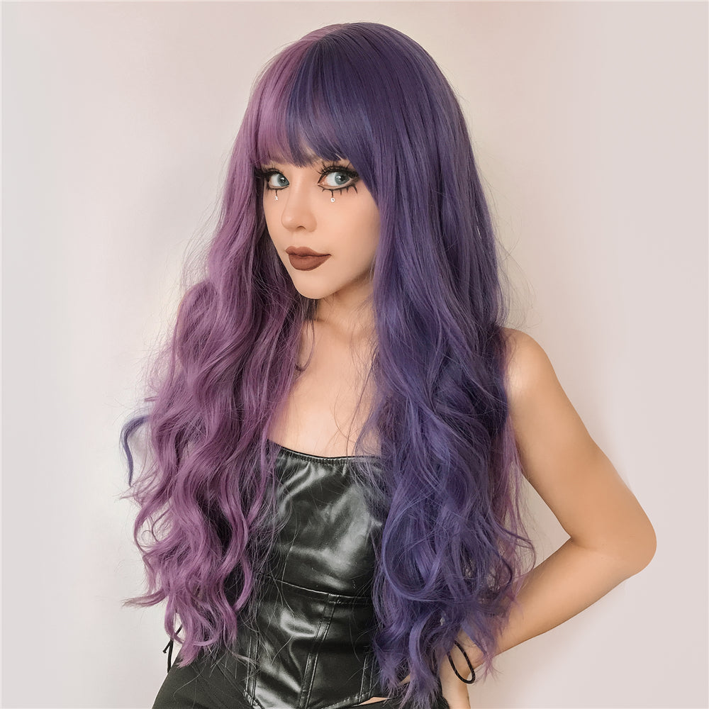 Yin Yang Long Curly Hair Air Bangs Full Head Cover Wig