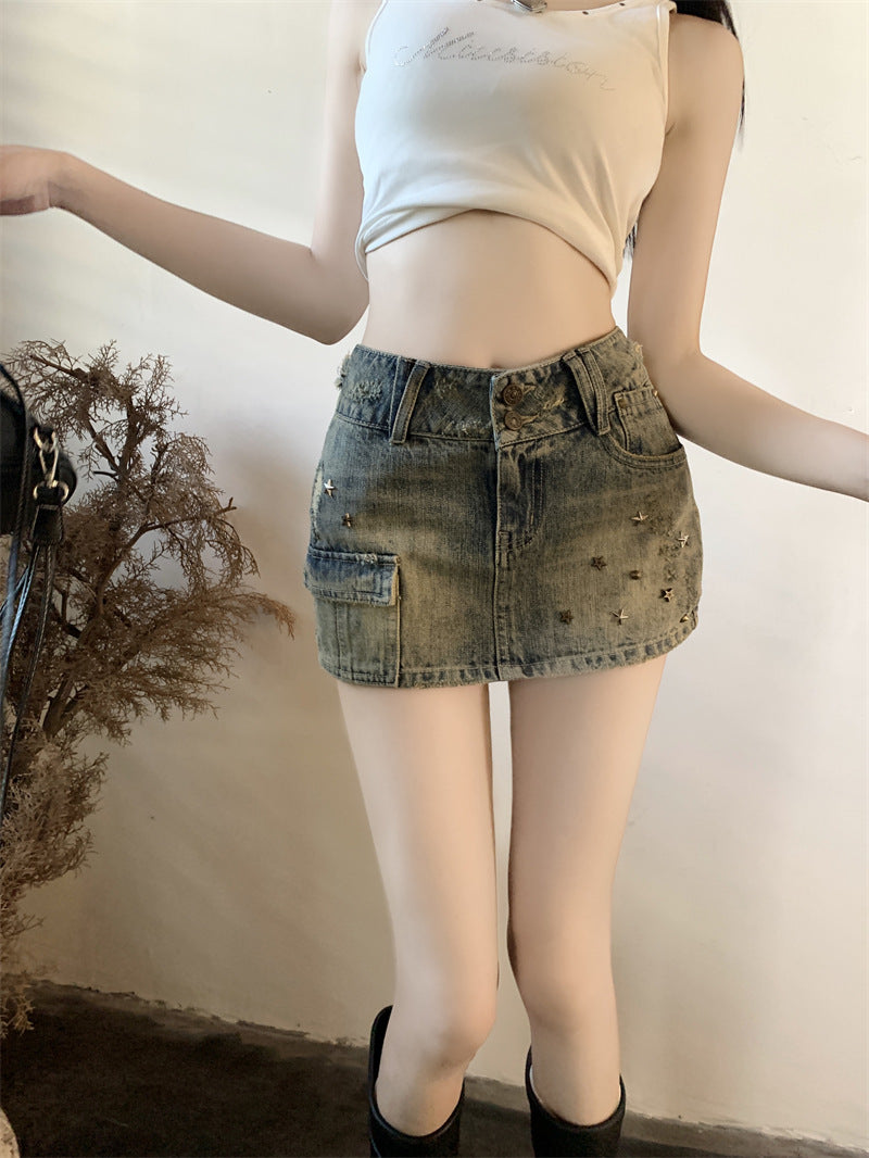 Hot Girl Heavy Industry Sheath A- Line Skirt Washed-out Vintage Denim Skirt
