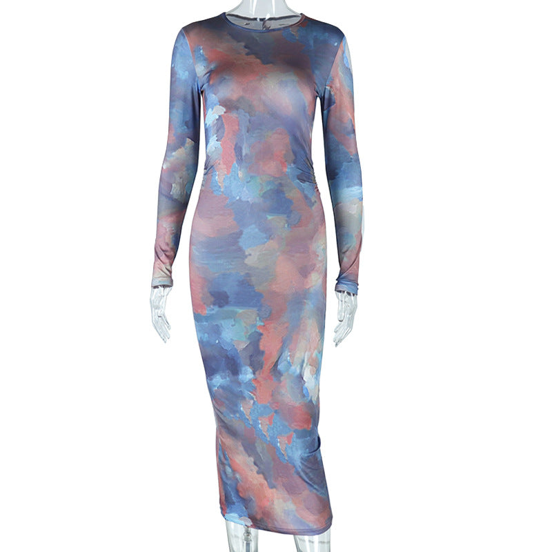 Women's Fashion Round Neck Print Long-sleeved Pullover Slim Package Hip Dress