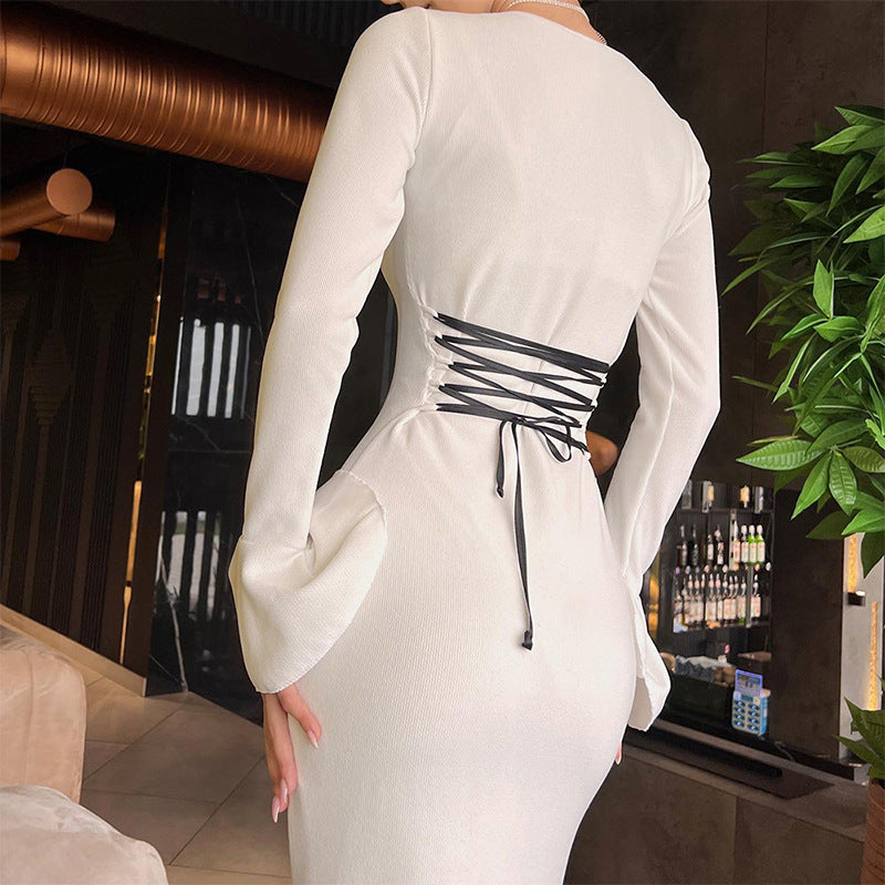 Women's Fashion Solid Color Bell Sleeve Tied Slim Fit Dress