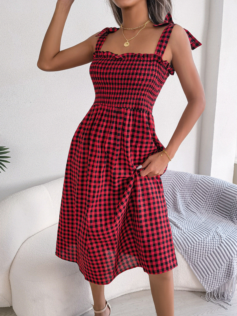 Casual Lace Up Color-contrast Check Skirt Mid-length Dress