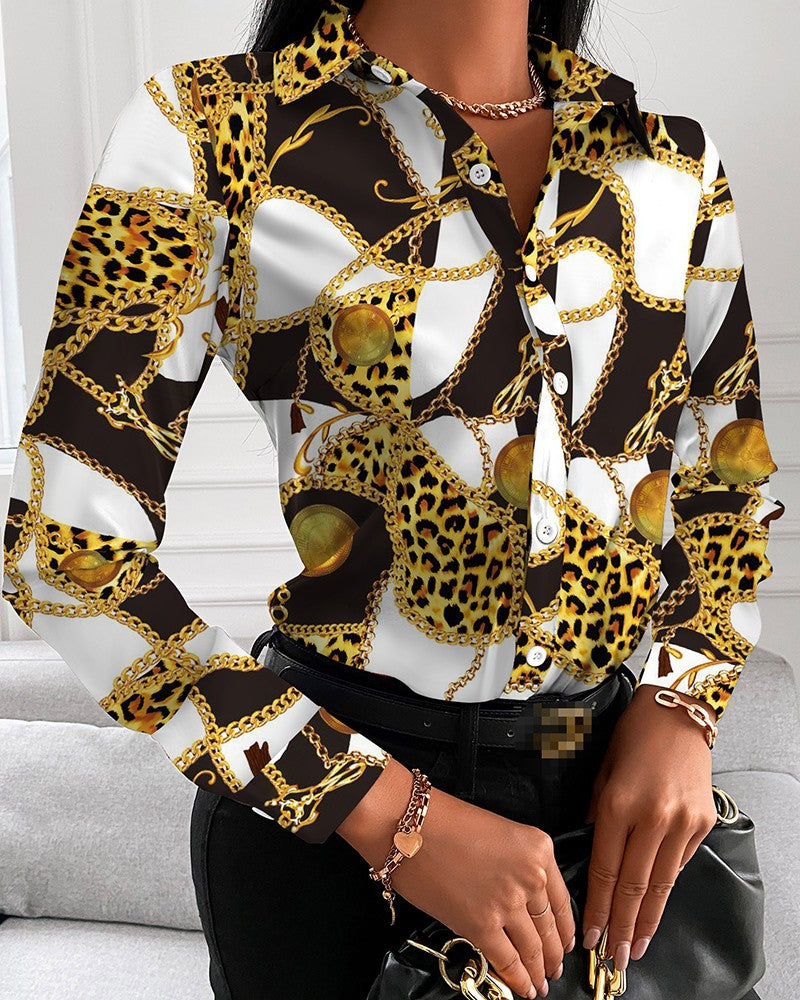 Loose Long Sleeve V Neck Button Print Shirt Women