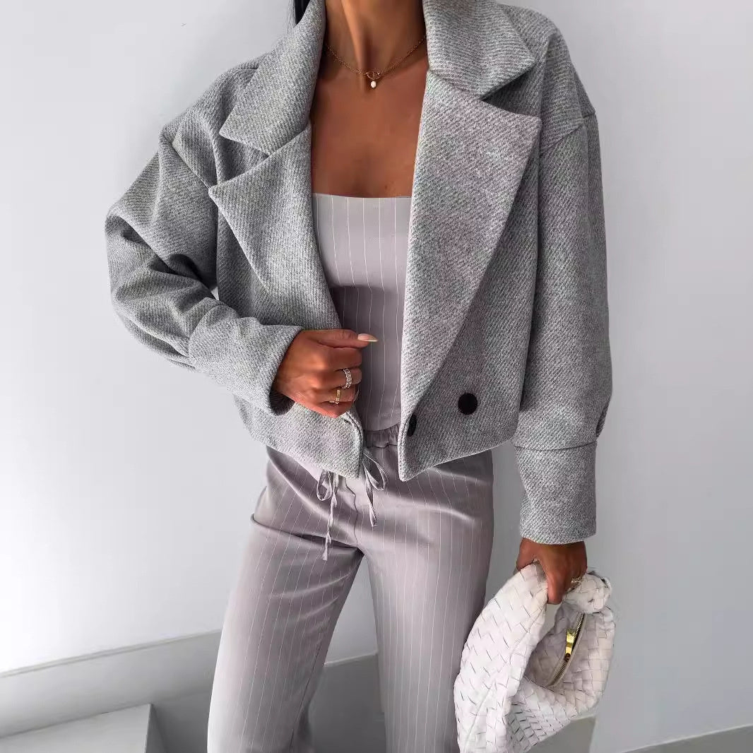 Fashionable All-match Suit Collar Short Woolen Coat