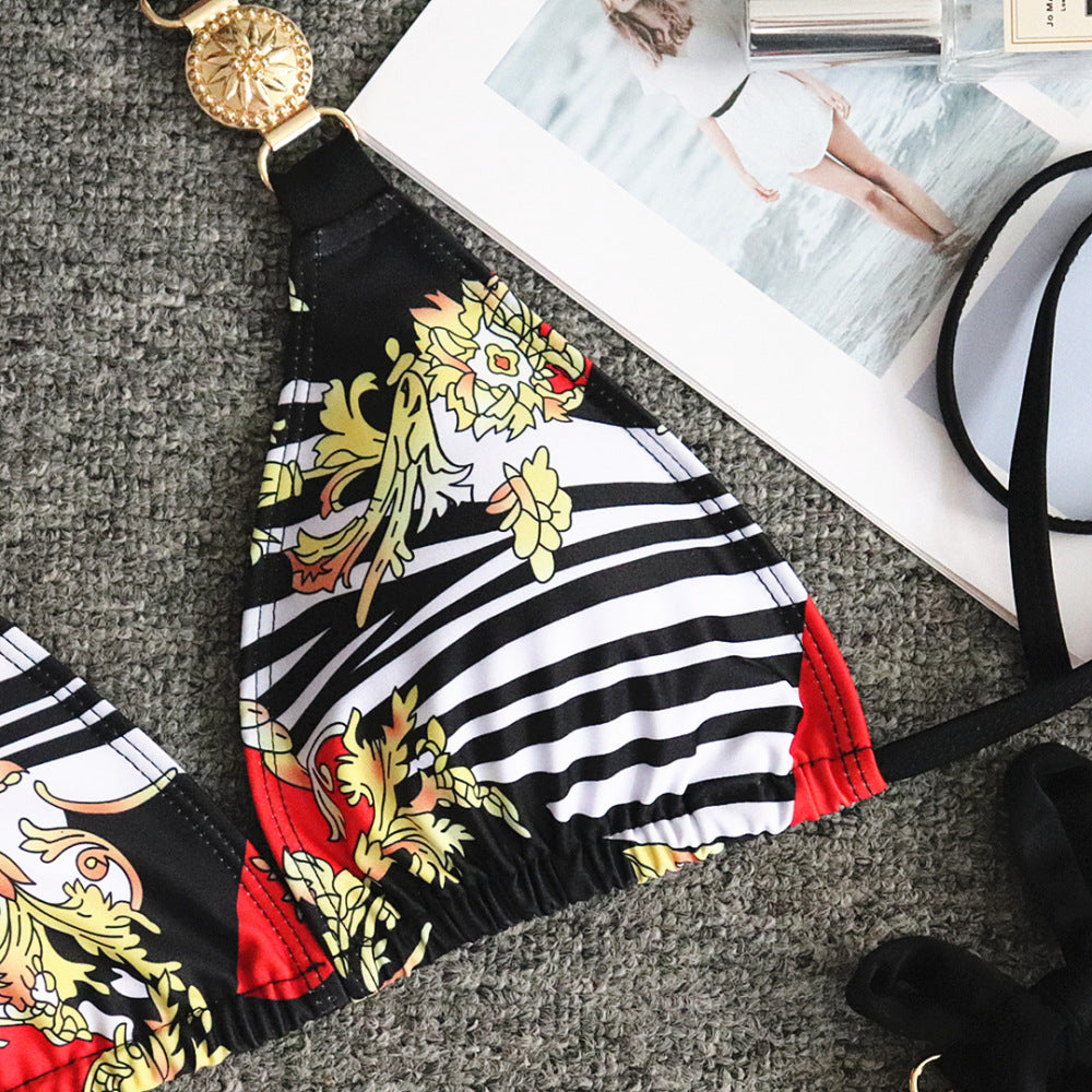 Metallic print strappy bikini