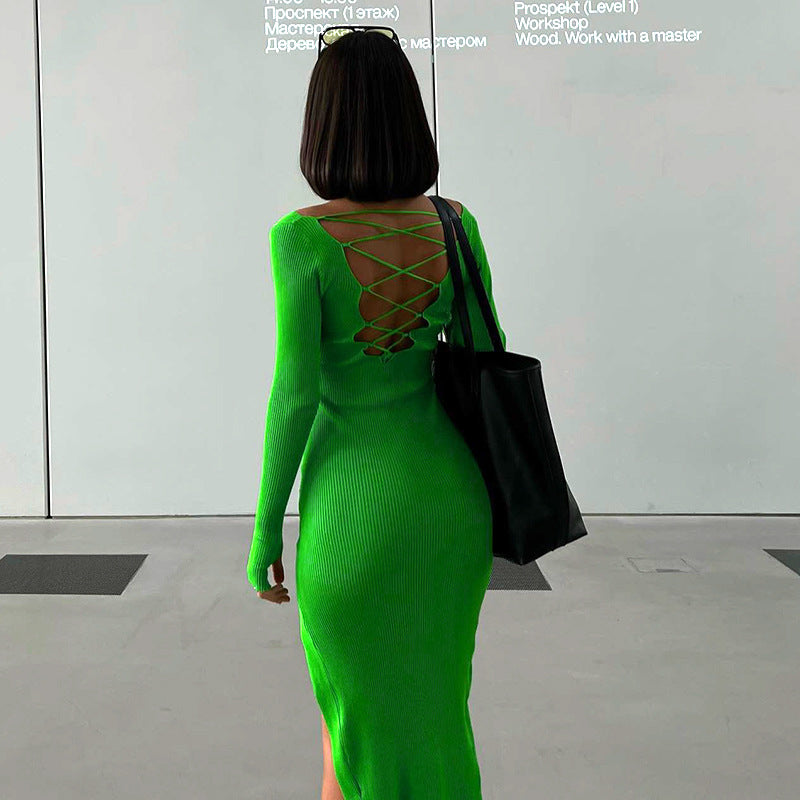 Women's Round Neck Strappy Cut Out Long Sleeve Dress