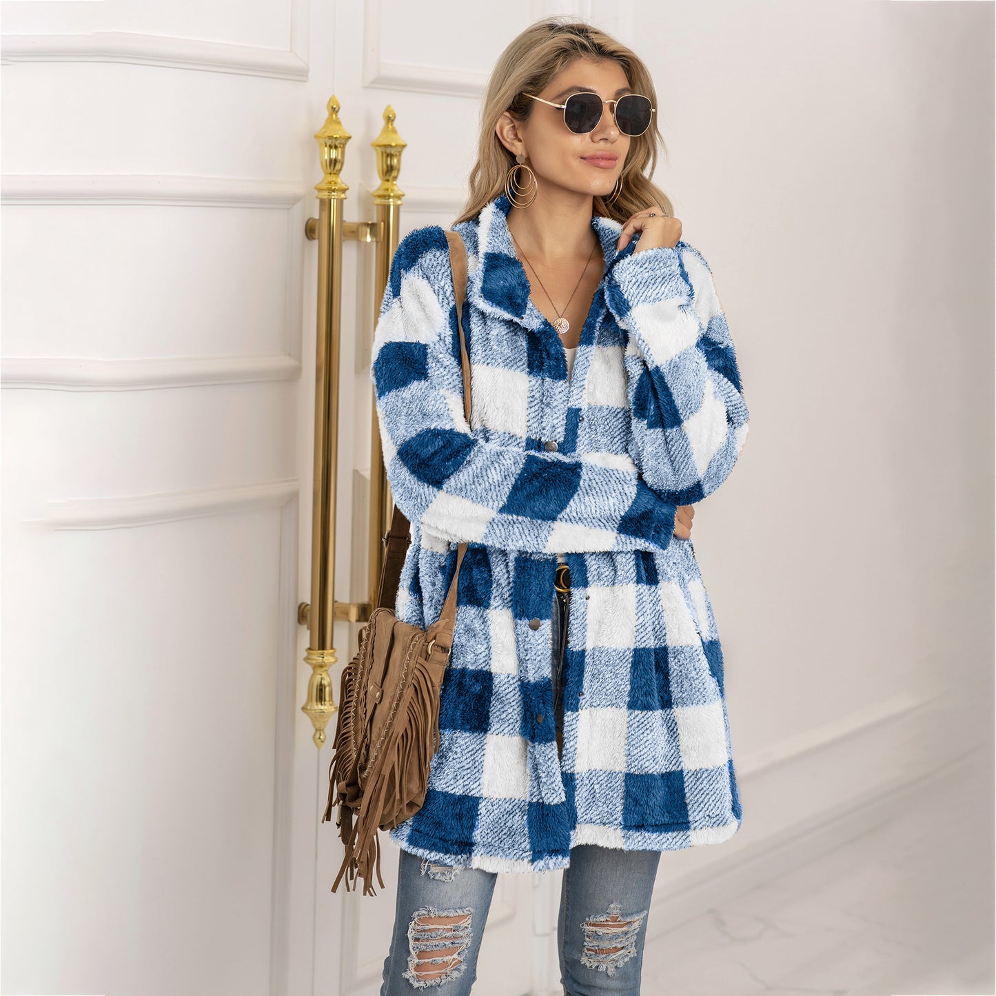 Contrast plaid long coat