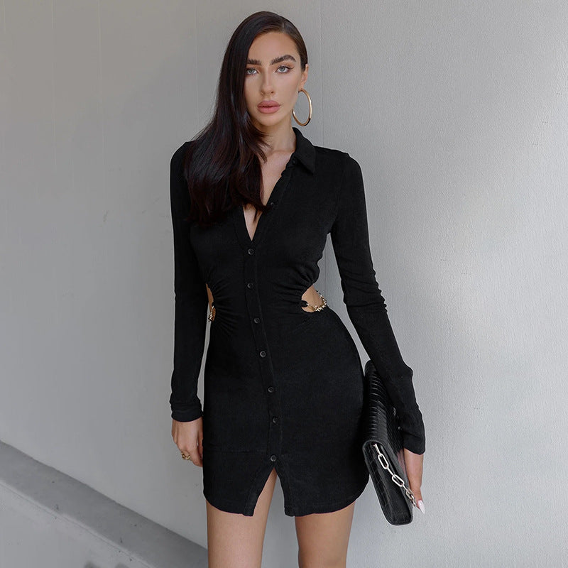 Sexy Hollow Folded Dress With Textured Shirt Collar