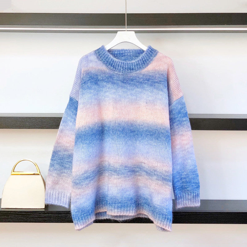 Striped sweater women's Pullover rainbow crew neck