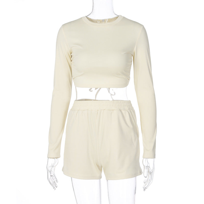 Two-piece halter long-sleeved top and shorts