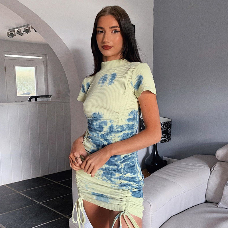 Tie-dye printed drawstring dress skirt
