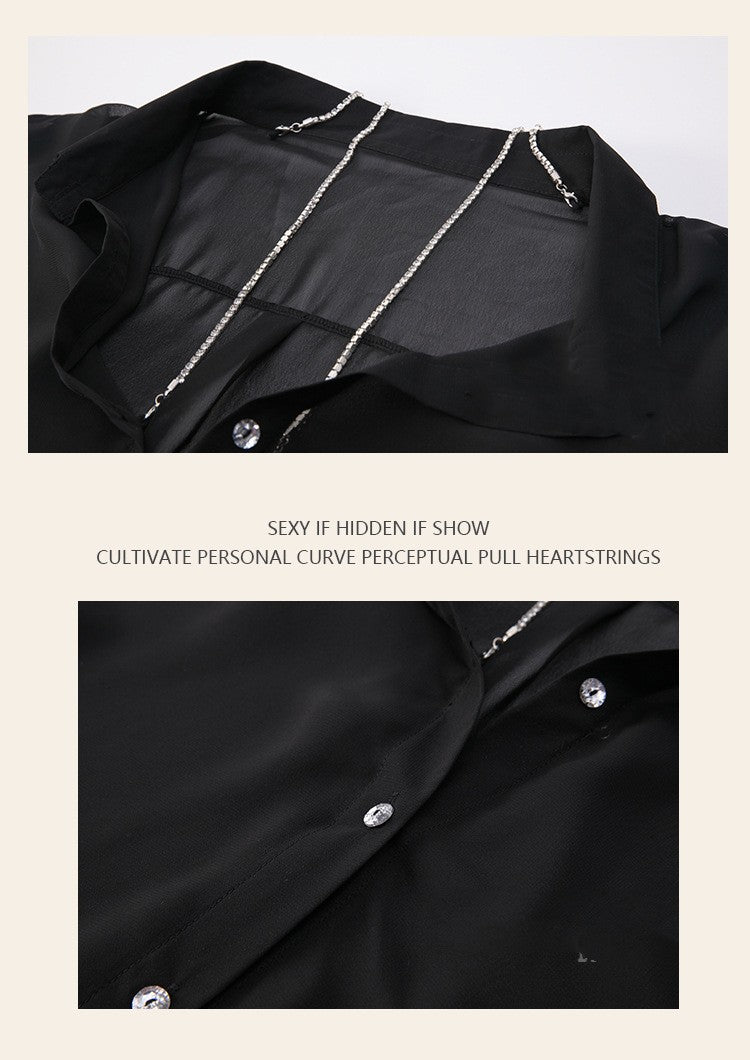 See-through Rhinestone Shoulder Strap Boyfriend Style Shirt Outfit