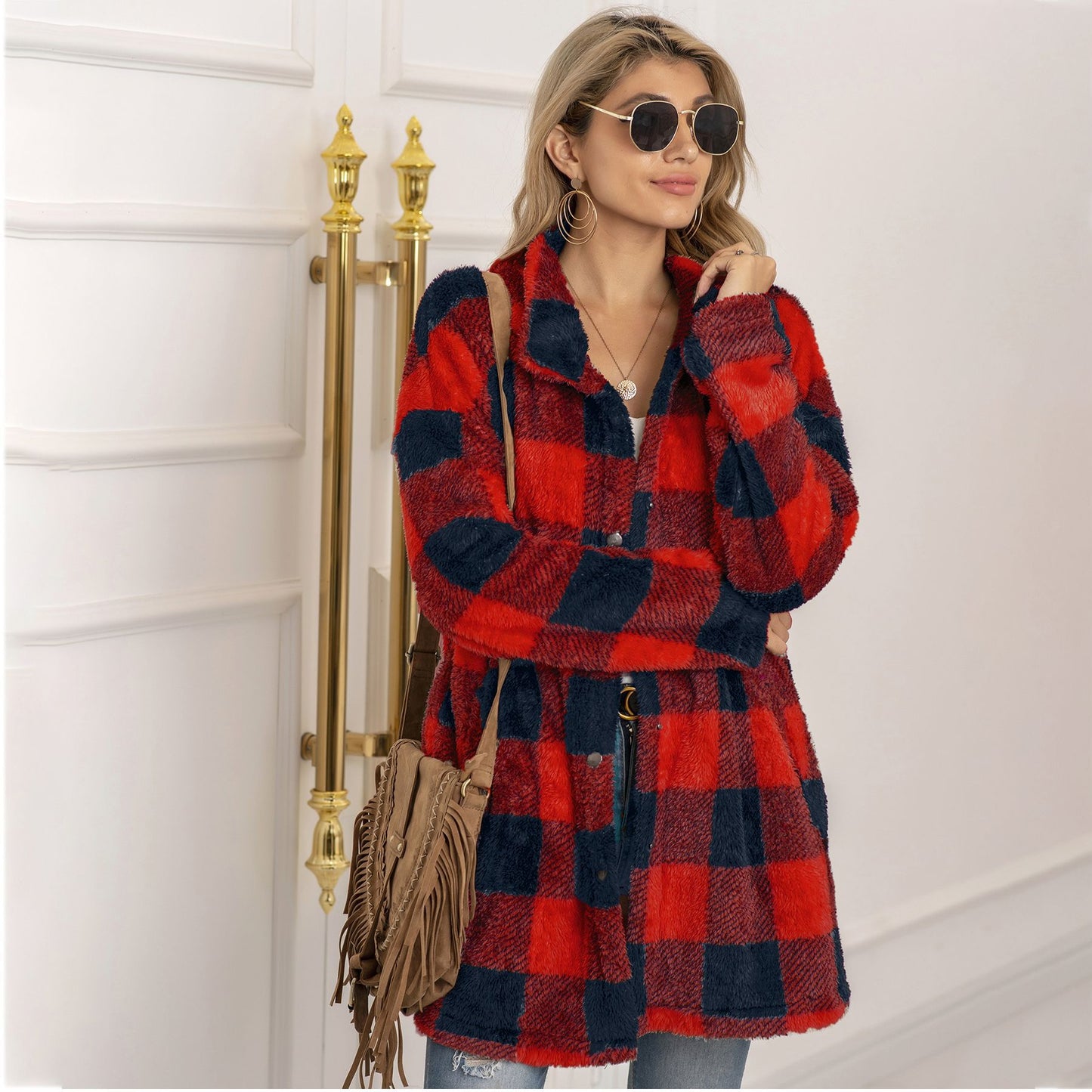 Contrast plaid long coat