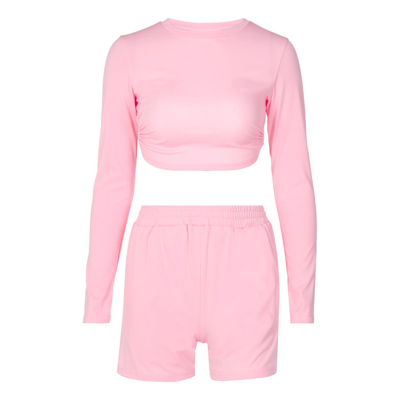 Two-piece halter long-sleeved top and shorts