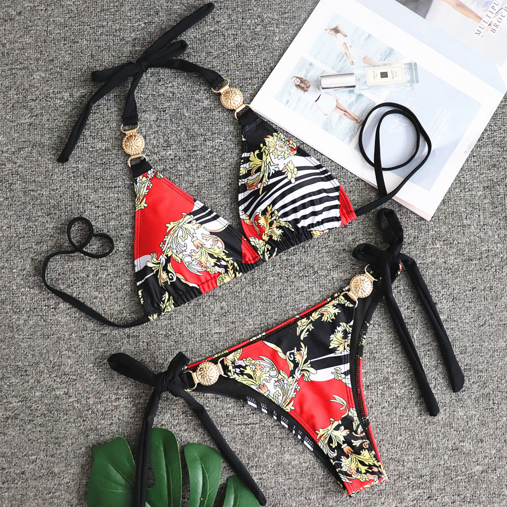 Metallic print strappy bikini