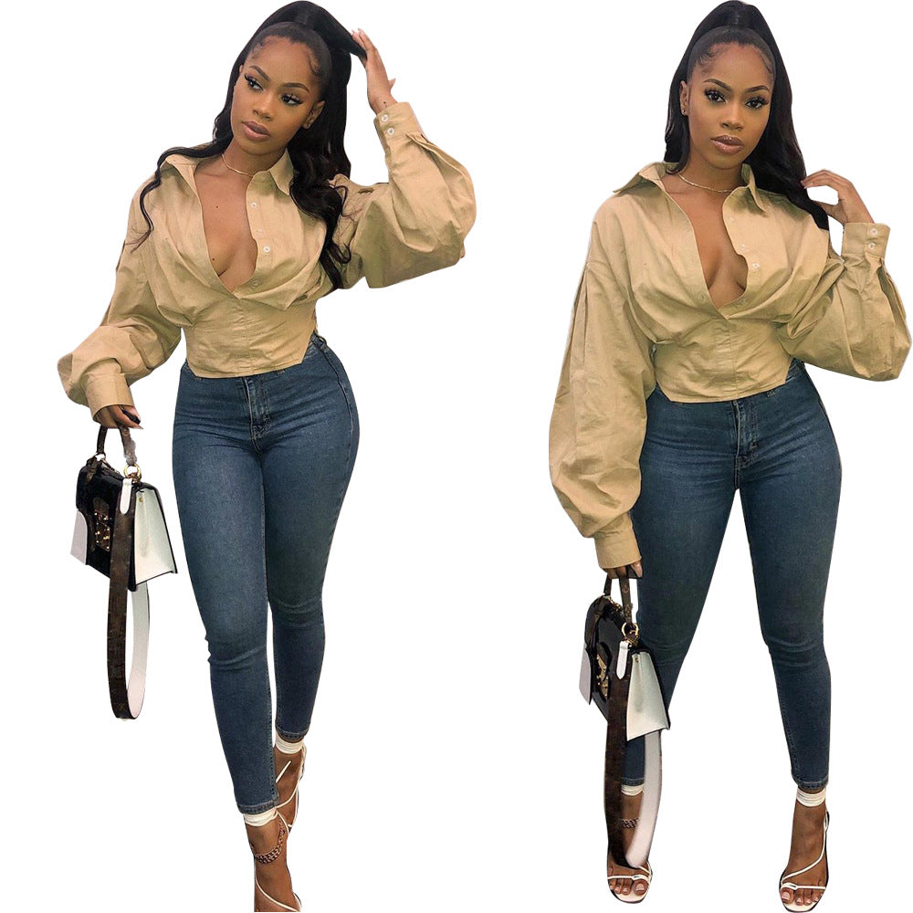 Fashion slim temperament solid color lantern sleeve shirt