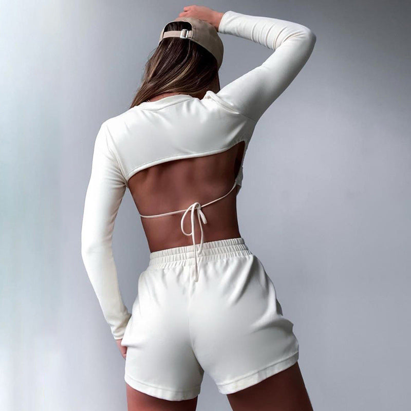 Two-piece halter long-sleeved top and shorts