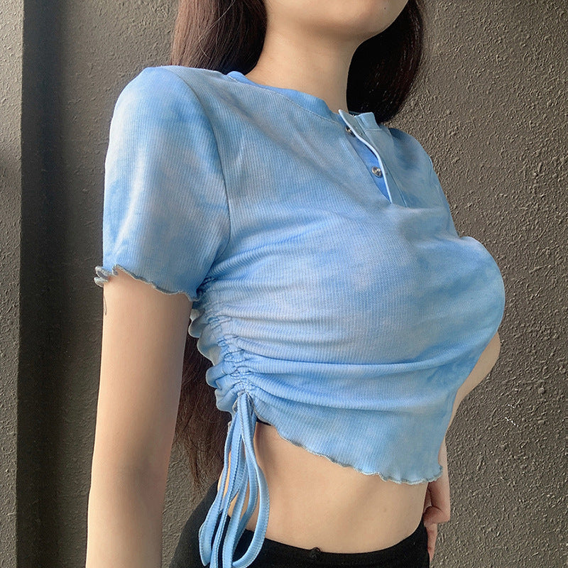 Tie-dye round neck fungus pleated T-shirt