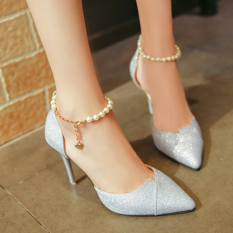 2021 women pumps pearl bead High Heels shoes sequined bling shoes 10CM party Shoes Woman sandals golden silver point shoes