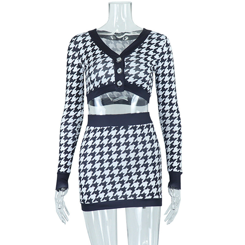 V-neck Digital Printing Houndstooth Short Top Color Matching Camouflage Skirt