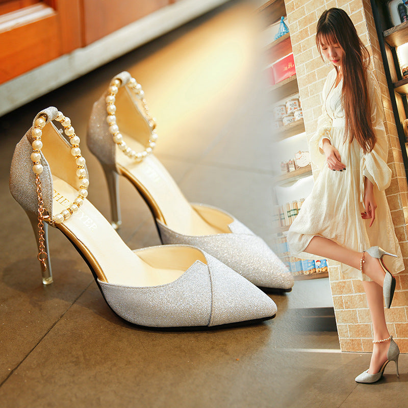 2021 women pumps pearl bead High Heels shoes sequined bling shoes 10CM party Shoes Woman sandals golden silver point shoes