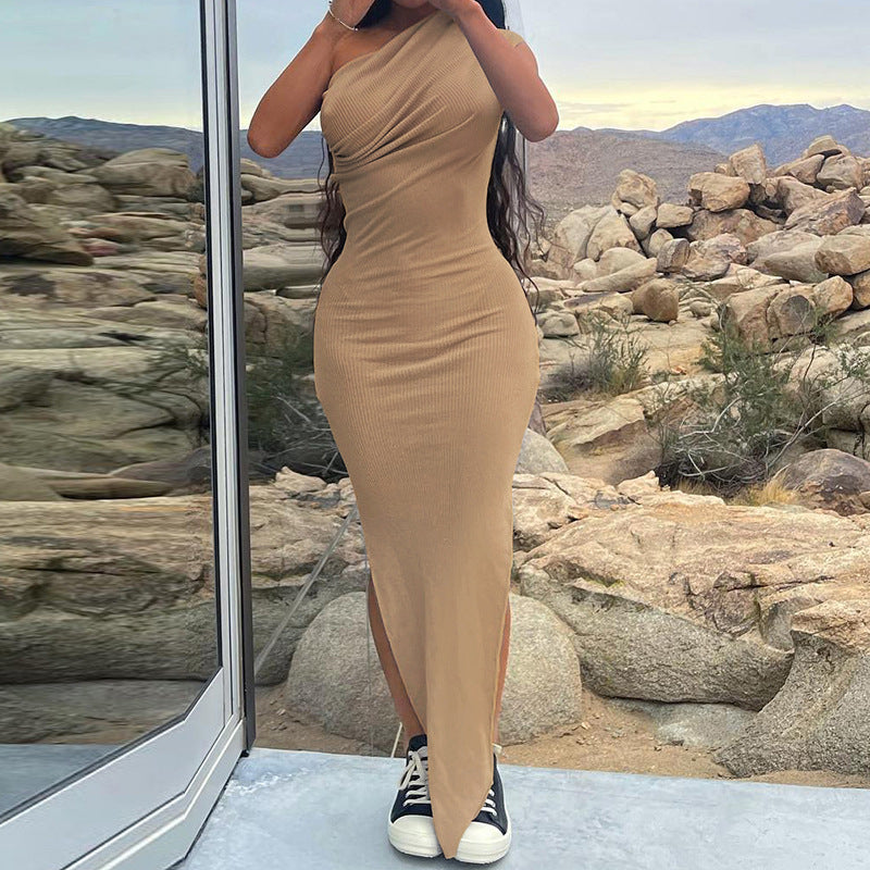 Women's Fashion Casual Pleated Slanted Shoulder Slit Slim Dress