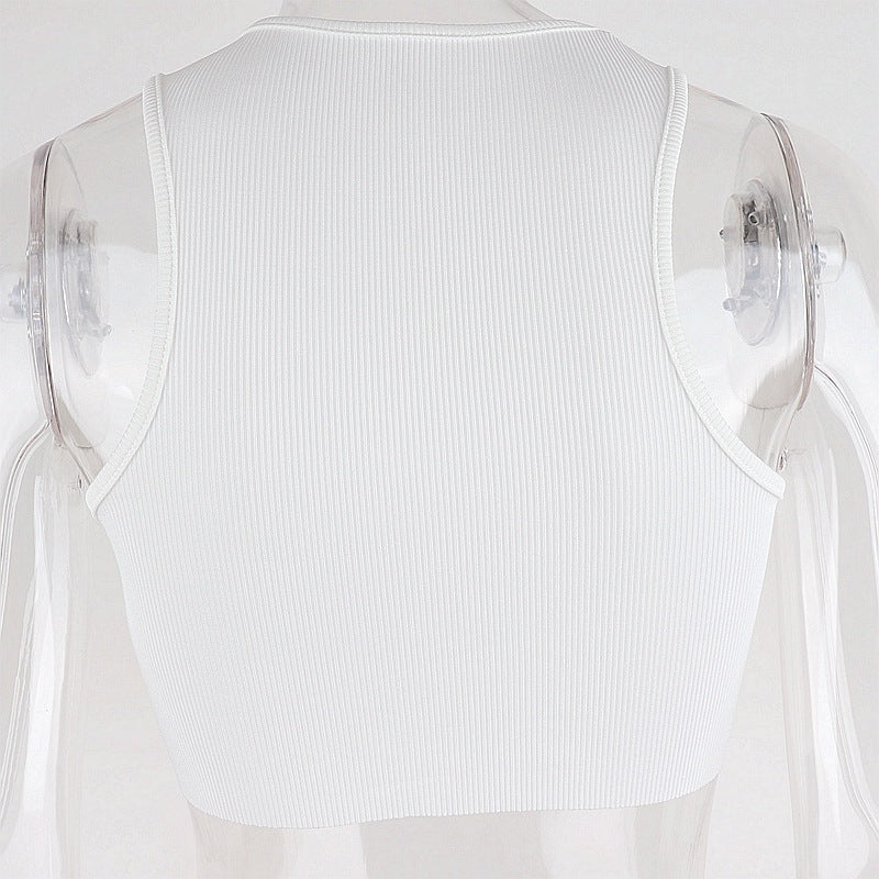 Simple Solid Ribbed Round Neckline Navel Crop Base Sleeveless Vest