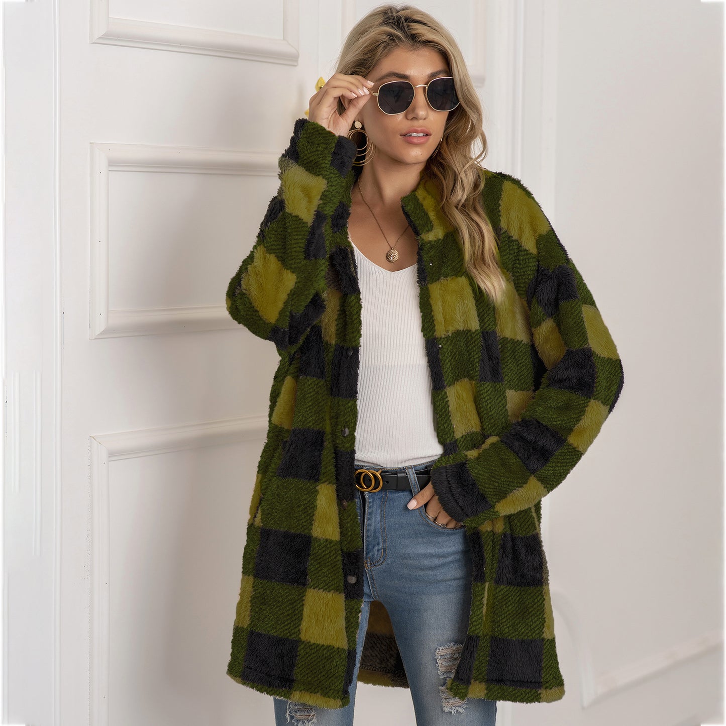 Contrast plaid long coat