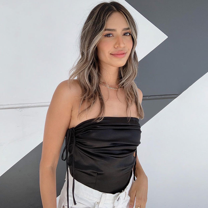 Sexy Pleated Tube Top Slim Solid Color Wrap Top