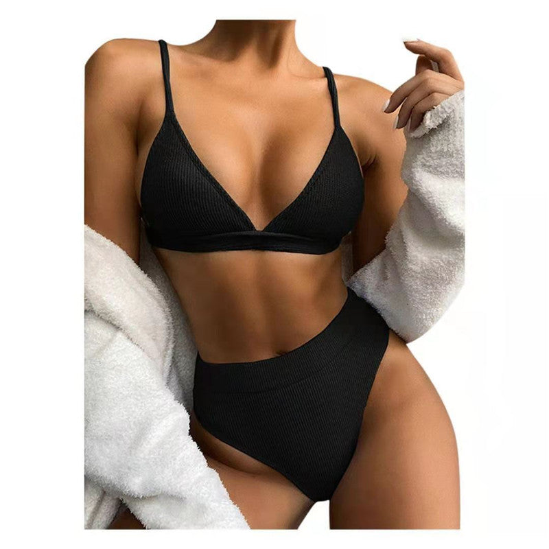 Sexy Solid Color High Waist Split Bikini
