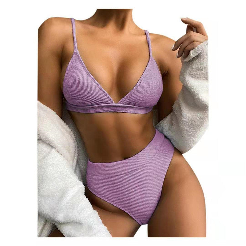 Sexy Solid Color High Waist Split Bikini