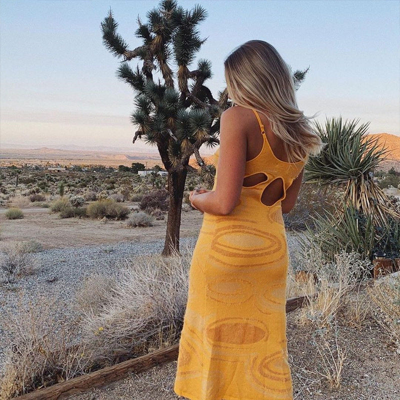 New Women's Printed Back Hollow Design Knitted Sling Bag Hip Dress Women