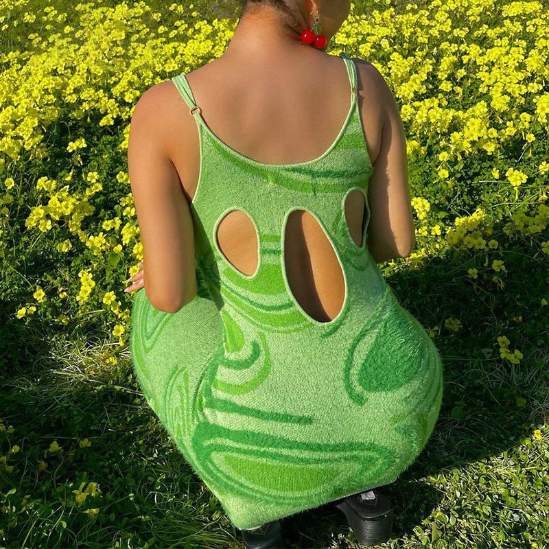 New Women's Printed Back Hollow Design Knitted Sling Bag Hip Dress Women