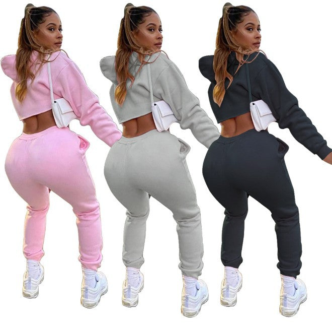 Fall Winter Short Sweater Drawstring Sweatpants Pure Color Plus Velvet Suit