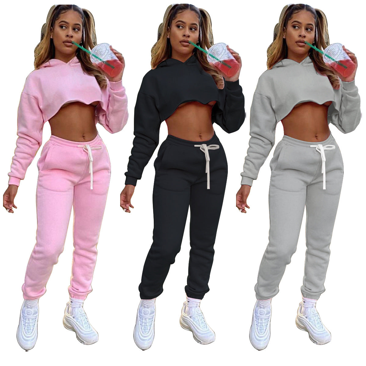 Fall Winter Short Sweater Drawstring Sweatpants Pure Color Plus Velvet Suit