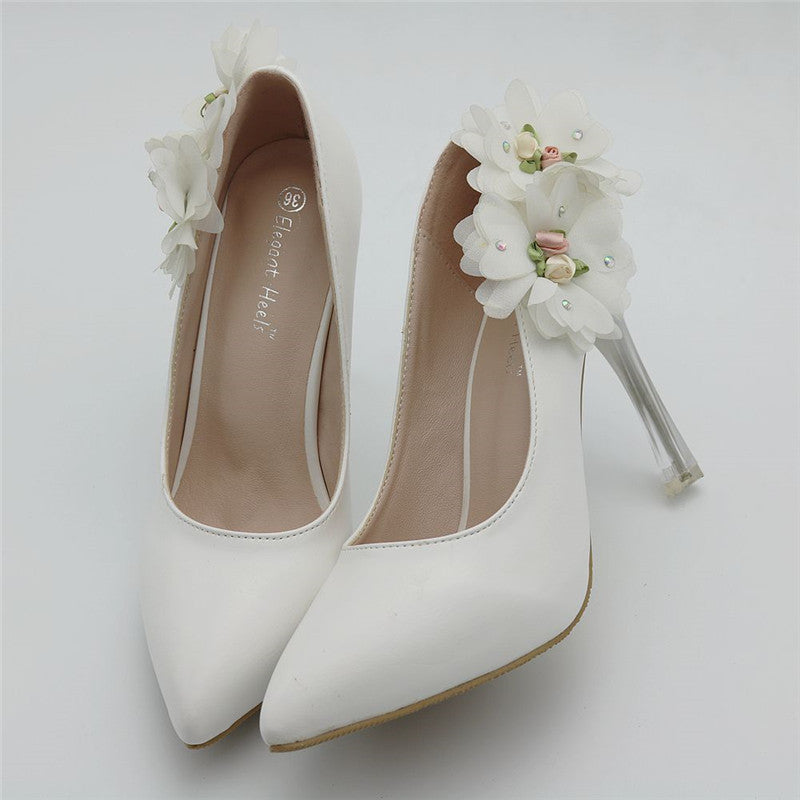White Flowers Beautiful Wedding Shoes Stiletto Waterproof