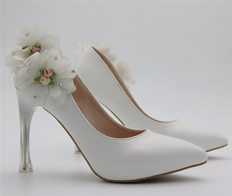 White Flowers Beautiful Wedding Shoes Stiletto Waterproof
