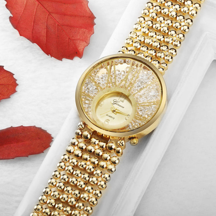 Ginave New European And American Diamond Quartz Watch 18K Real Gold Leaf Bracelet Casual Set Wish Hot Sale