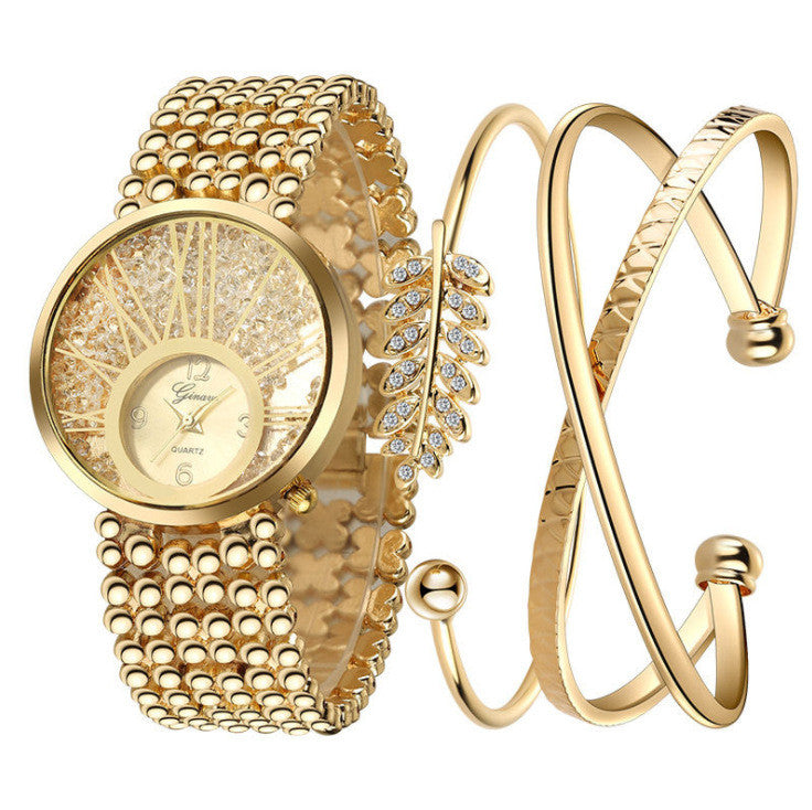 Ginave New European And American Diamond Quartz Watch 18K Real Gold Leaf Bracelet Casual Set Wish Hot Sale