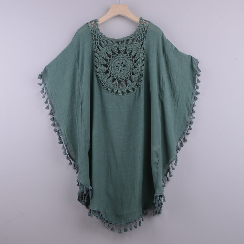 Off-The-Shoulder Hollow Loose Large Size Fringed Bikini Ins Wind And Beach Blouse