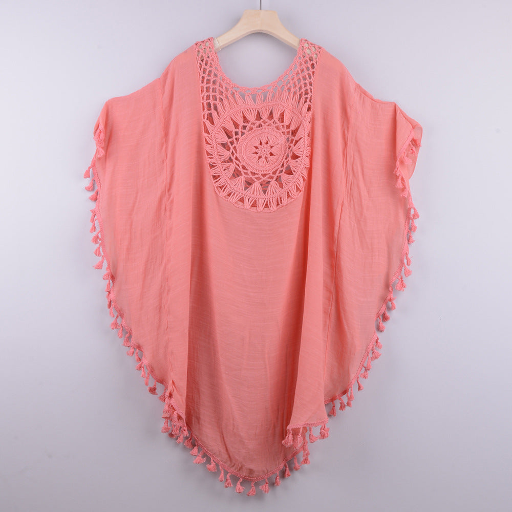 Off-The-Shoulder Hollow Loose Large Size Fringed Bikini Ins Wind And Beach Blouse