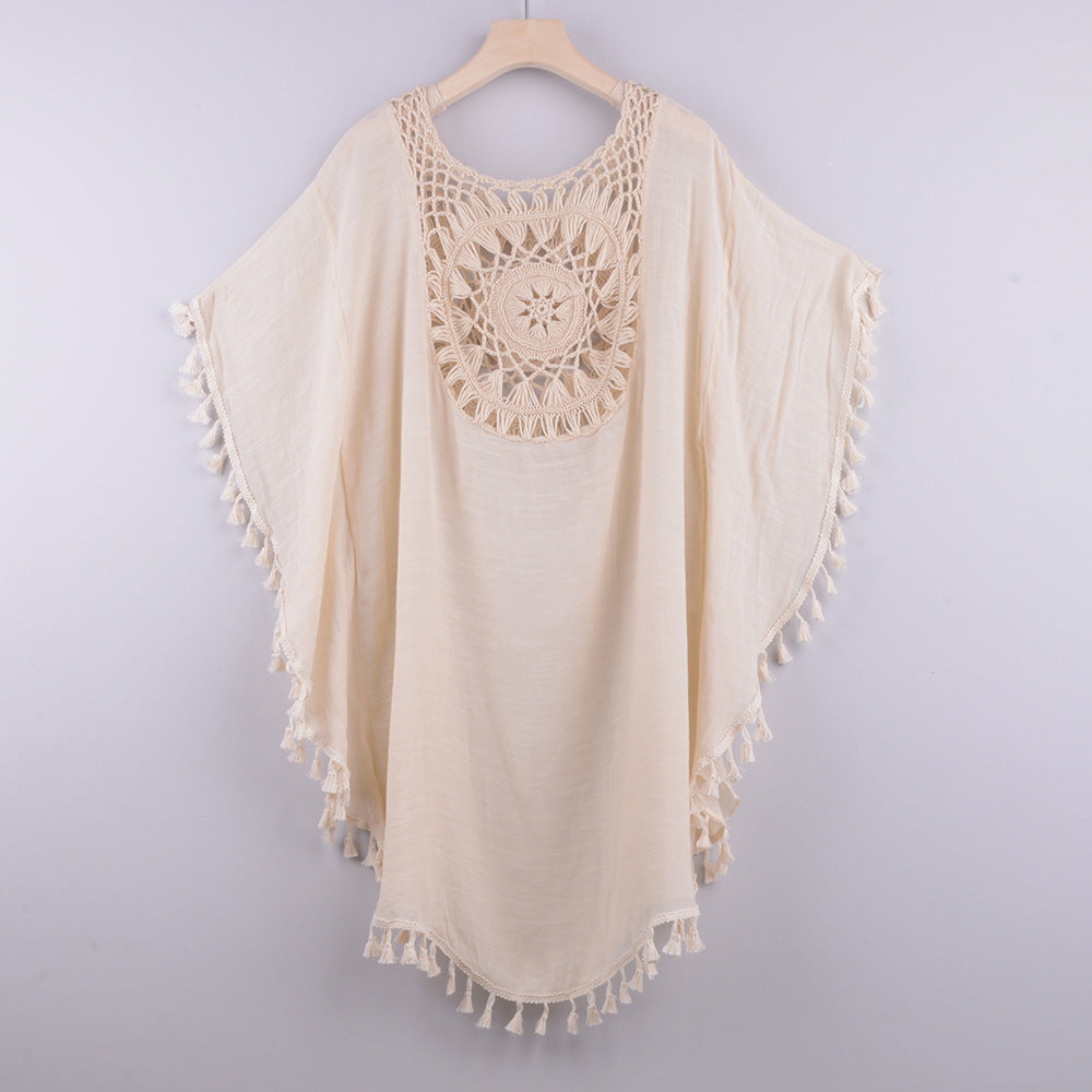 Off-The-Shoulder Hollow Loose Large Size Fringed Bikini Ins Wind And Beach Blouse