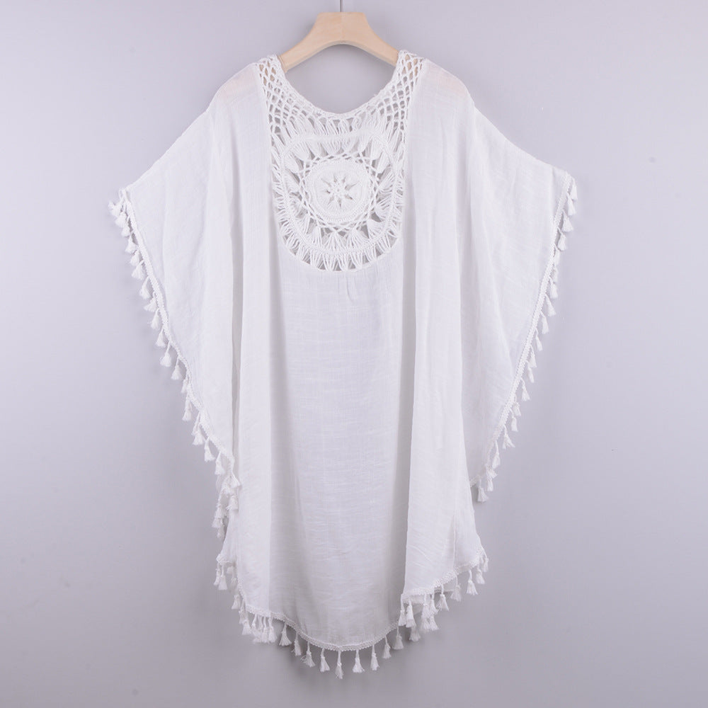 Off-The-Shoulder Hollow Loose Large Size Fringed Bikini Ins Wind And Beach Blouse