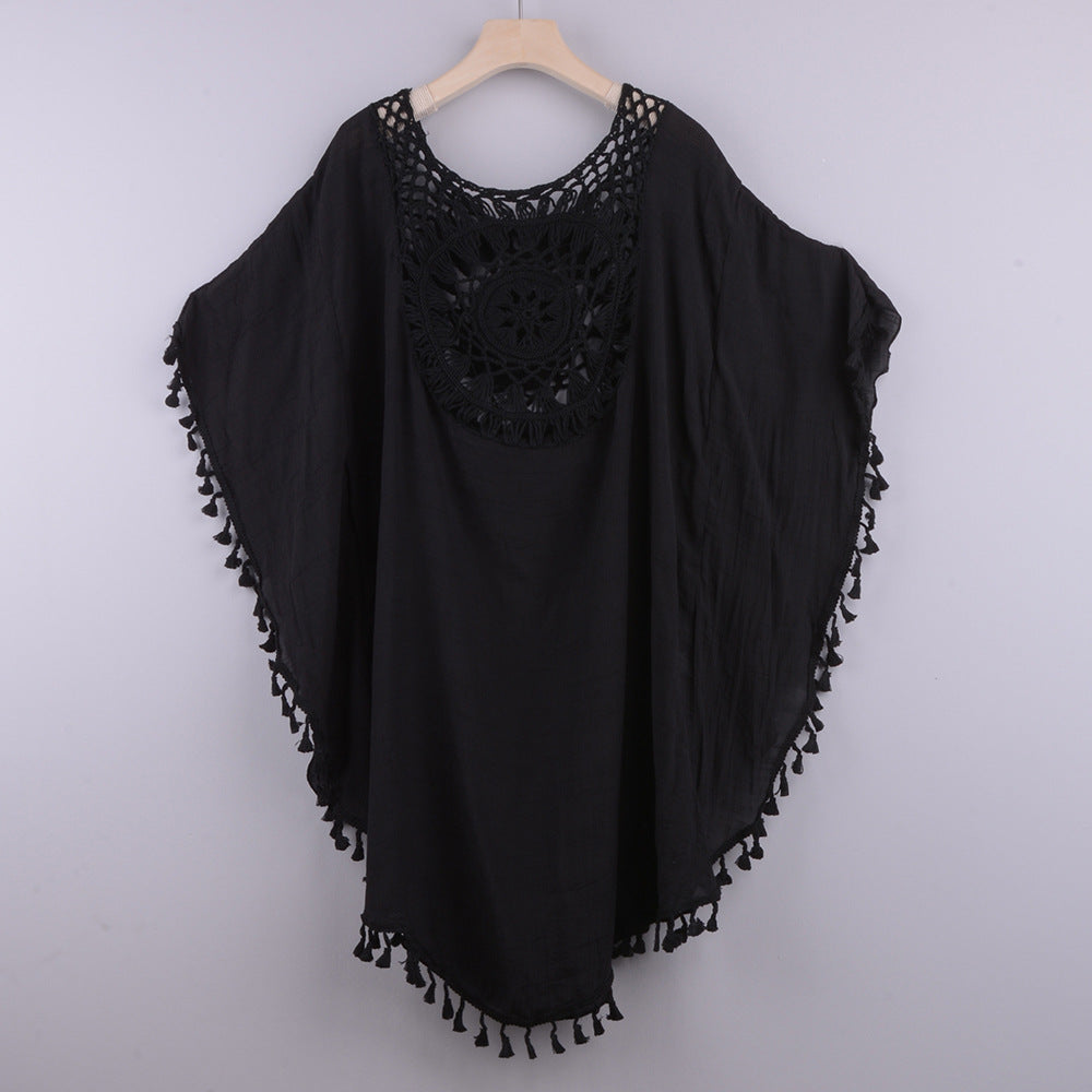Off-The-Shoulder Hollow Loose Large Size Fringed Bikini Ins Wind And Beach Blouse
