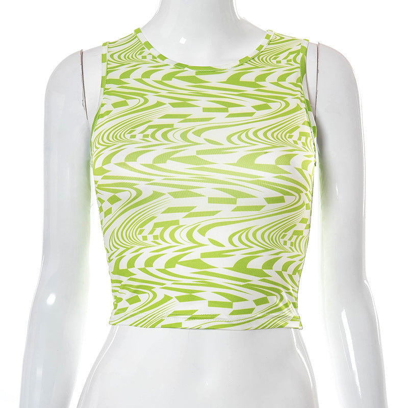 Women'S Round Neck Sleeveless Printed Navel Slim Women'S T-Shirt