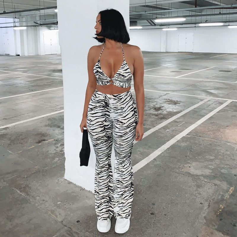 Striped Printed Lace-up Top Casual Wide-leg Trousers Suit