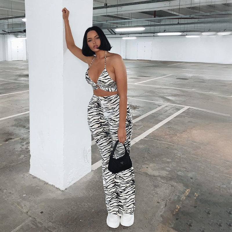 Striped Printed Lace-up Top Casual Wide-leg Trousers Suit