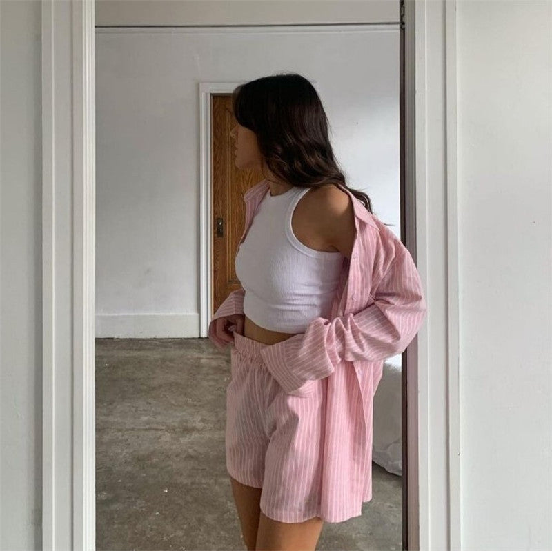 Striped Loose Shirt Shorts With Pockets Fashion Casual Suit