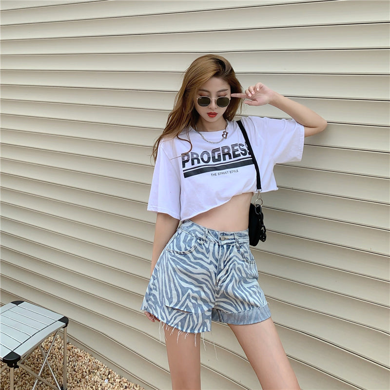 Jeans Women\'S High Waisted Slim Loose Straight Shorts Summer Zebra Grain Slim Wide Leg Pants